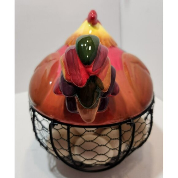 Ceramic Chicken Sitting on Black Metal Egg Basket with Eggs Farmhouse Decor - Picture 5 of 15